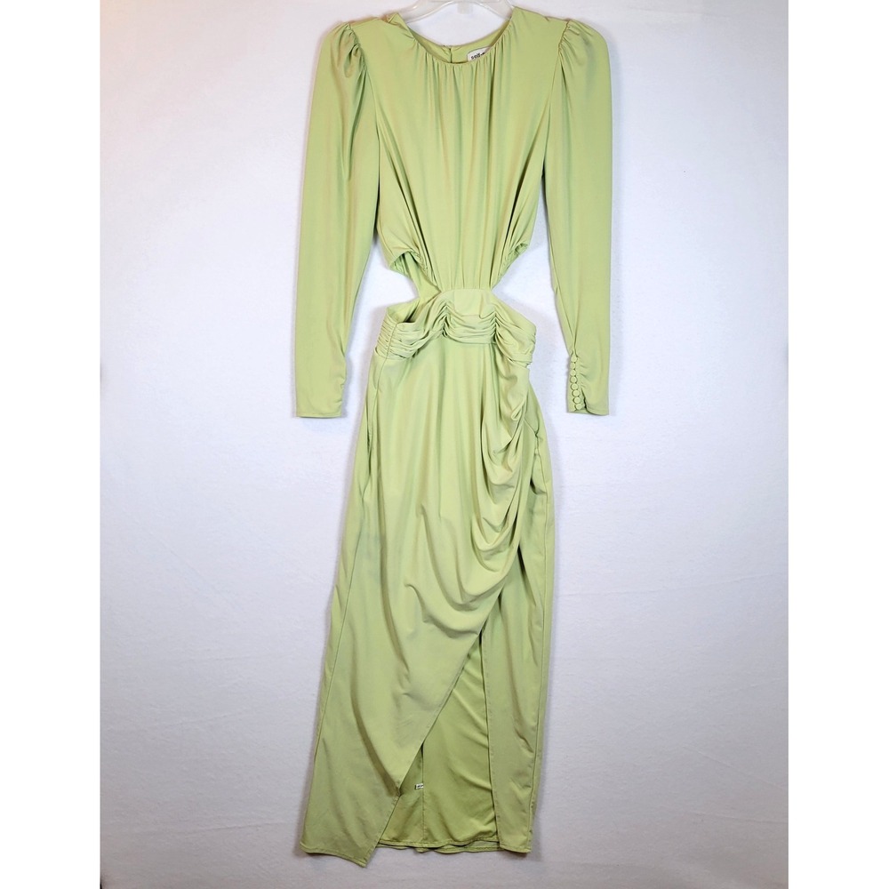 Self Portrait Womens Green Cut Out Midi Dress Ruched Size 2 Formal Cocktail Prom